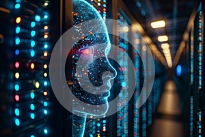 A computer generated face is shown in a dark room with a blue background