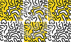 An abstract repeat pattern illustration in black and white alternating yellow plain backdrop