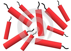 Several duplicates of bright red firecrackers dynamites with black fuse string white backdrop