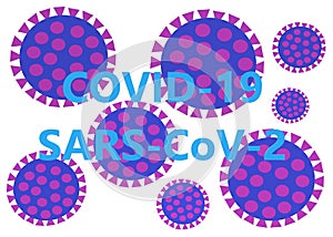 COVID-19 SARS-CoV-2 words in front of graphical representation of the virus under microscope photo