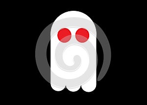 A cute simple symbol shape of a white ghost apparition with red fiery eyes black backdrop photo