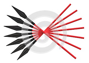 A few same identical spears with red shaft and black spearhead tips arranged in a fan shape photo