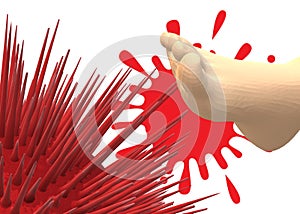 A foot stepping on a red sea urchin with sharp needle spikes photo