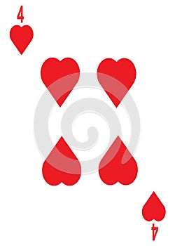 The four of hearts card in a regular 52 card poker playing deck