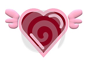 A maroon red heart shape with pink borders and a pair of small cute angelic wings white backdrop
