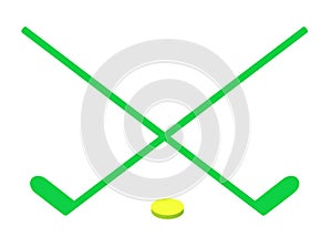A pair of crossing bright green hockey sticks with a bright lime green yellow puck ball at the centre white backdrop