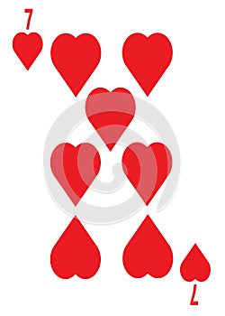 The seven of hearts card in a regular 52 card poker playing deck