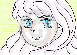 A simple colored anime sketch of a young girl lady with pink tresses and blue eyes light green backdrop photo