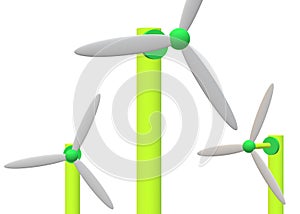 Three luminous green wind driven power generating windmills with light grey fan blades white backdrop