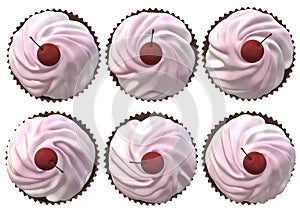 Top down view of six identical chocolate cupcakes with pink strawberry icing topping and a red cherry
