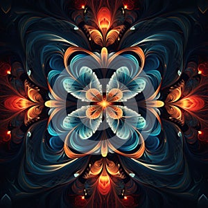A computer generated image of a blue and orange flower. Generative AI image.