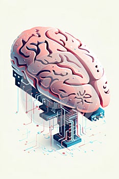 Computer generated image of brain with circuit board in the middle. Generative AI