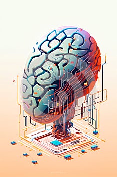 Computer generated image of brain with circuit board in the middle. Generative AI