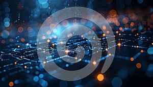 A computer generated image of a city with a blue sky and orange lights by AI generated image