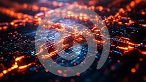 Computer generated image of a city with orange and blue lights.