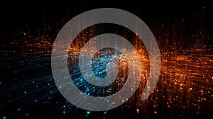 Computer generated image of a city with orange and blue lights