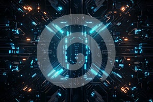 Computer generated image of a cityscape with a blue and orange grid