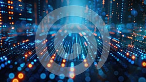 Computer generated image of a cityscape with blue and orange lights