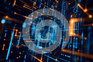 A computer generated image of a cityscape with blue and orange lights