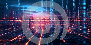 Computer generated image of a cityscape with a blue sky and orange