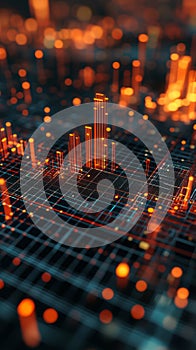 A computer generated image of a cityscape with orange and blue lights