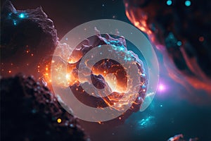 a computer generated image of a cluster of stars and a planet in space with a bright blue and orange light