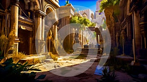 Computer generated image of courtyard in fantasy setting with columns and arches. Generative AI