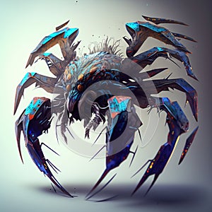 a computer generated image of a crab with many claws on its head and claws on its back, with a blue background and a white