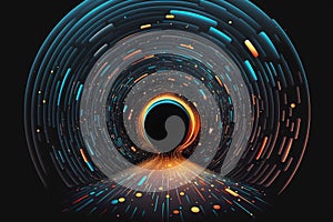 Computer-generated image depicting a black hole in space.