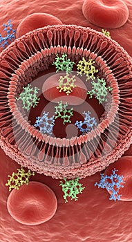 Computer-generated image of a detailed biological cell structure. The cell membrane,