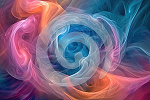 A computer generated image featuring a swirling pattern of blue, pink, and orange colors, Vortices of cool colors hinting at a