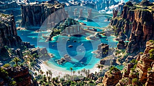 Computer generated image of futuristic city surrounded by mountains and bridge. Generative AI