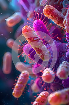a computer generated image of a group of pink and purple bacteria