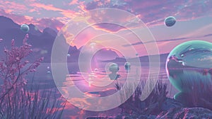 a computer generated image of a lake at sunset with bubbles floating in the water