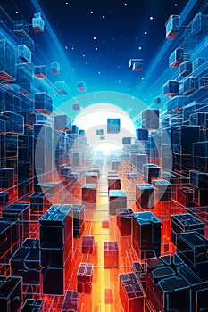 Computer generated image of maze of cubes in space. Generative AI
