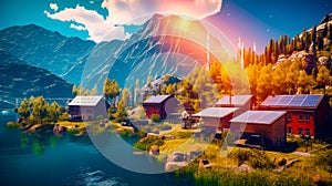 Computer generated image of mountain town with lake in the foreground. Generative AI