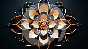 Computer generated image of orange and black flower on black background. Generative AI