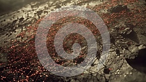 A computer generated image of a planet with a network of red dots on it