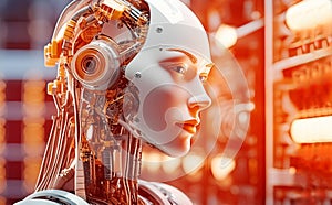 a computer generated image of a robot s face surrounded by electronic circuits