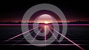 A computer generated image of a sunset over a road