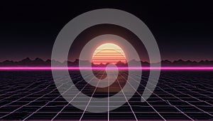 A computer generated image of a sunset over a road