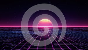 A computer generated image of a sunset over a road