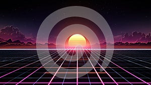 A computer generated image of a sunset over a road