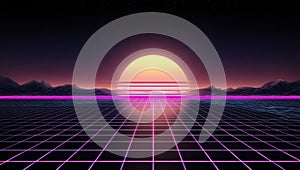 A computer generated image of a sunset over a road