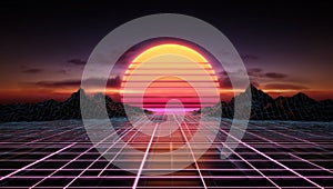 A computer generated image of a sunset over a road