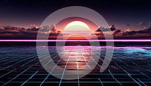 A computer generated image of a sunset over a road