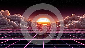 A computer generated image of a sunset over a road