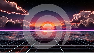 A computer generated image of a sunset over a road