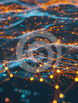 A computer generated image of a wave with a network of orange dots