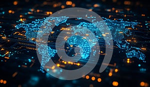 A computer generated image of the world with blue and orange lights